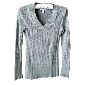 Metallic Silver Thread Vneck Sweater Cable Style Ann Taylor LOFT Shimmer Small
